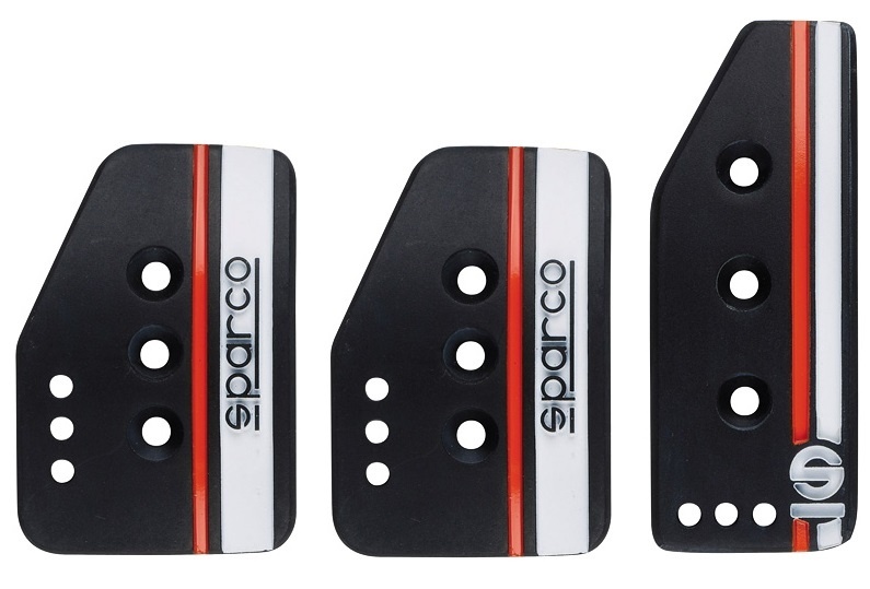 Black Sparco Settanta Short pedal set featuring three pedals with a sleek design, highlighted by red and white stripes and multiple holes for grip and customization.