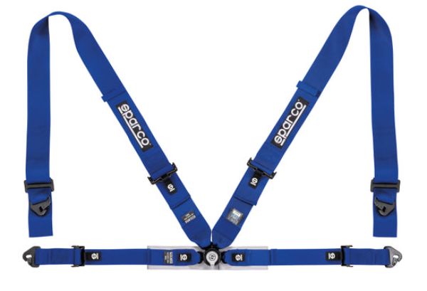 Blue 4-point competition belt harness by Sparco, featuring adjustable straps, metal buckles, and a central quick-release mechanism for secure racing safety.