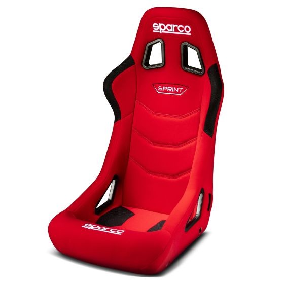 Red racing seat with black mesh accents, featuring a high-back design, reinforced side bolsters, and the Sparco logo prominently displayed on the headrest and seat.