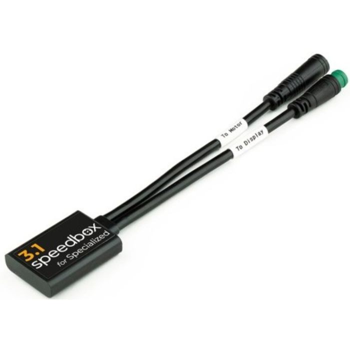 Black SpeedBox 3.1 device with a rectangular body, featuring a white "3.1" and "speedbox" logo, and two connected cables with green and black connectors.