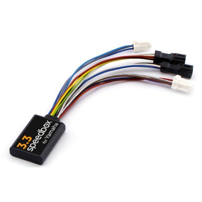SpeedBox 3.3 for Yamaha features a compact black module with colorful wires and connectors, designed for enhancing e-bike performance.