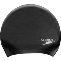 Black Speedo Long Hair Silicone Cap with Speedo logo in white on the side.