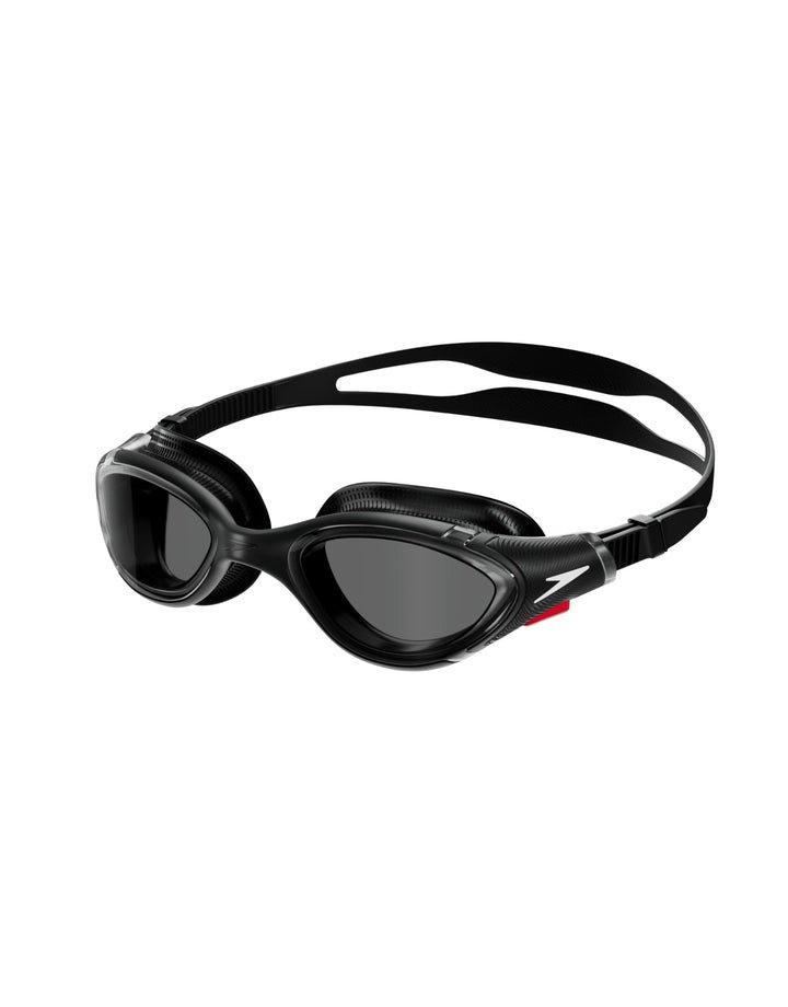 Black Speedo Biofuse 2.0 swimming goggles with a sleek design, featuring tinted lenses, soft silicone seals, and an adjustable strap for a secure fit.