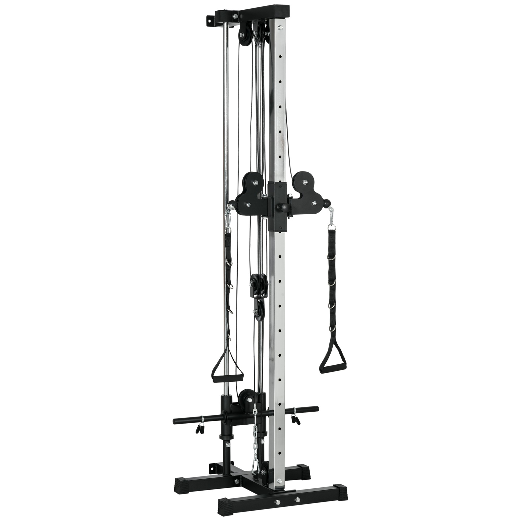 SPORTNOW Wall Mount Cable Machine in black and silver, featuring dual pulleys, adjustable cable positions, and ergonomic handles, designed for versatile home gym workouts.