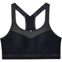 Black Under Armour sports bra with high crossback design and wide elastic band featuring logo.