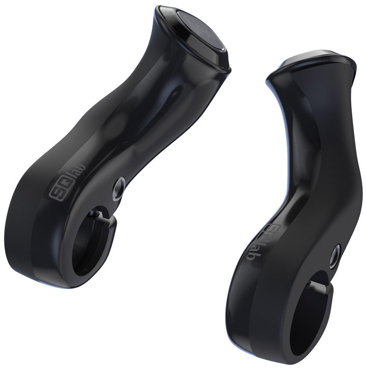 Black ergonomic inner bar ends with a glossy finish, featuring a curved design and SQlab branding, designed for improved grip and comfort on bicycle handlebars.