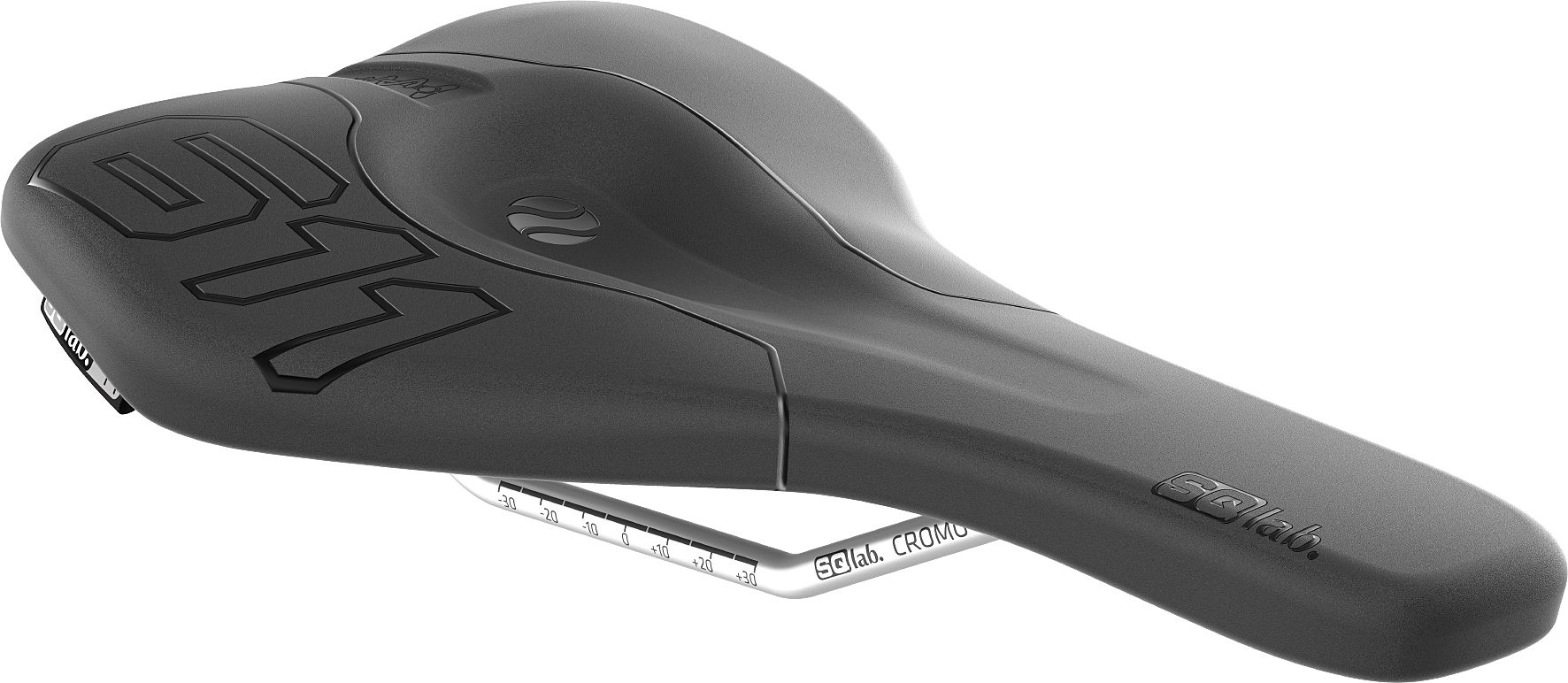 Black SQlab 611 Ergowave CrMo saddle with a contoured design, featuring the number "611" embossed on the top and a chrome-moly rail for durability and support.