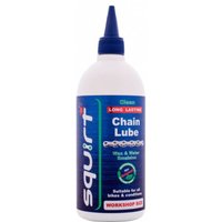 White Squirt Chain Lube bottle, 500ml, with blue label, pointed nozzle, and red and green text.