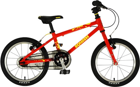 Bright red 16-inch kids bike with a sturdy metal frame, black seat, and handlebars, featuring yellow accents and knobby tires for traction.