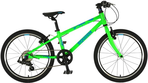 Bright green Squish 20 kids bike with a lightweight frame, black seat, and sturdy tires, featuring a single gear system and front handbrake.