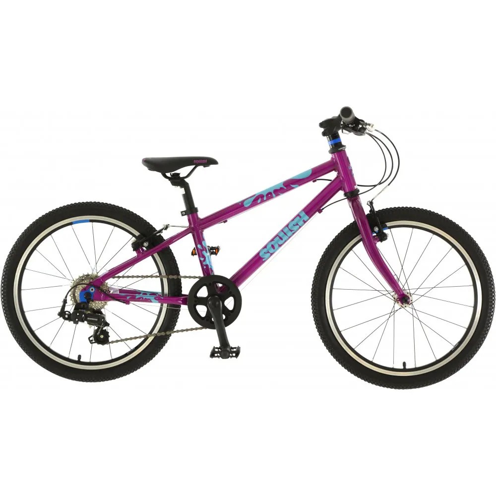 Purple Squish 20 Kids Bike featuring a lightweight frame, adjustable seat, black tires with white rims, and blue accents on the frame and handlebars.