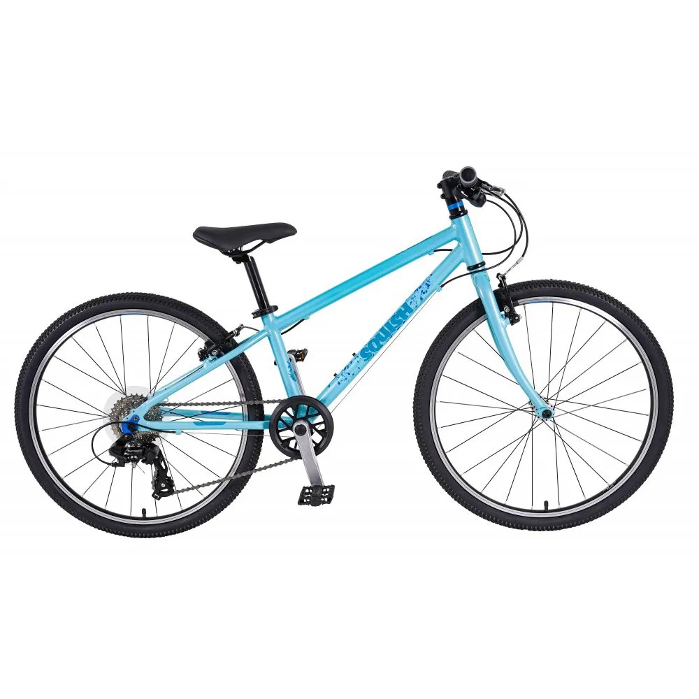 Mint green kids' bike with a lightweight aluminum frame, black tires, and adjustable seat, featuring a single gear system and front suspension for smooth rides.