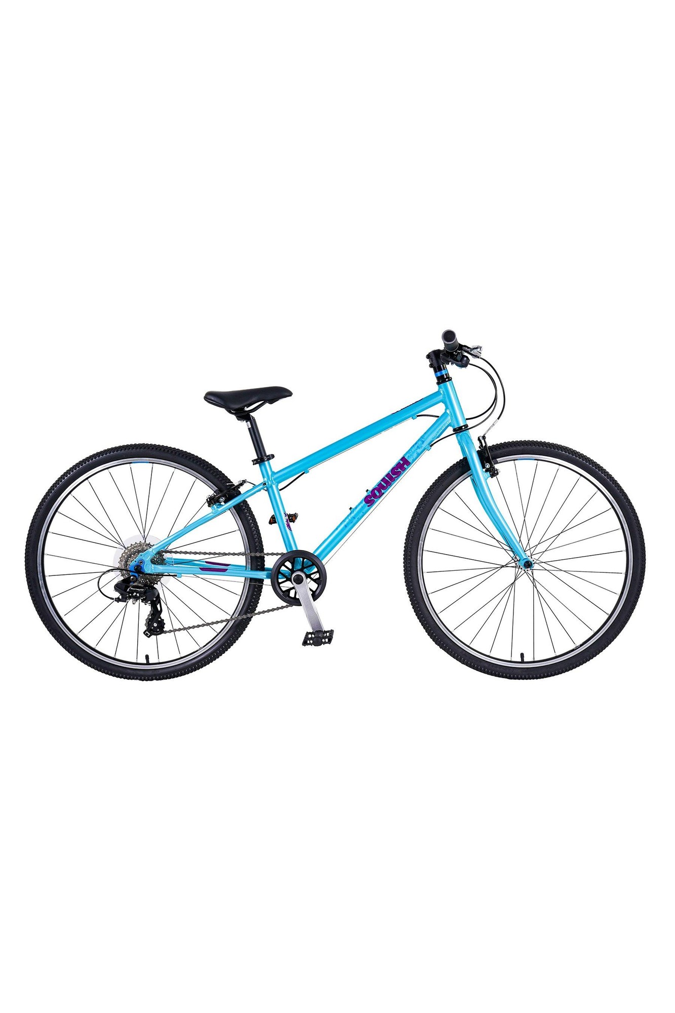 Aqua-colored Squish 26 Kids Bike features a 13-inch frame, lightweight design, black tires, and a comfortable seat, ideal for young riders.