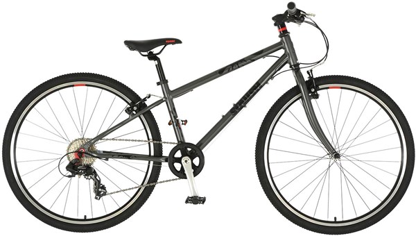 Dark grey Squish 26 kids bike featuring a 15-inch frame, lightweight aluminum construction, red accents, knobby tires, and a single gear system for easy riding.