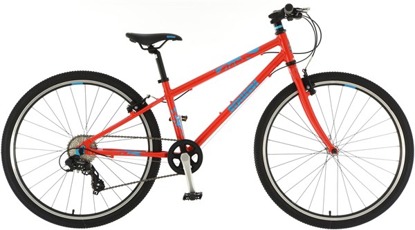 Red Squish 26 kids bike featuring a 13-inch frame, black seat, blue accents, and large tires, designed for young riders with a lightweight aluminum frame.