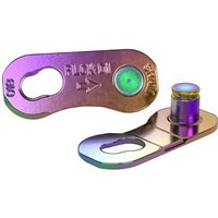 SRAM 12-speed PowerLock Flattop Rainbow Chain Connector with iridescent finish and locking mechanism.
