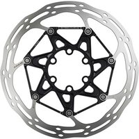 Silver and black SRAM Centerline 2 Piece 6 Bolt Rotor with a sleek, perforated design and central mounting holes.