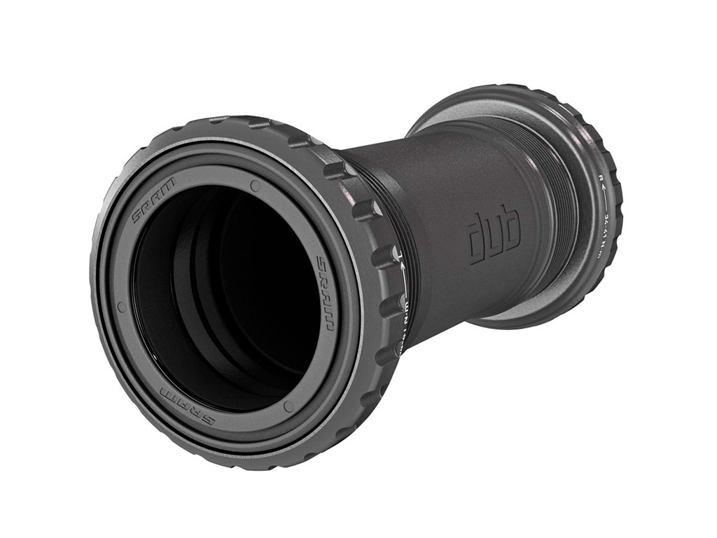 SRAM DUB threaded bottom bracket in black with a smooth finish, featuring a distinctive ribbed design and the "DUB" logo prominently displayed on the side.