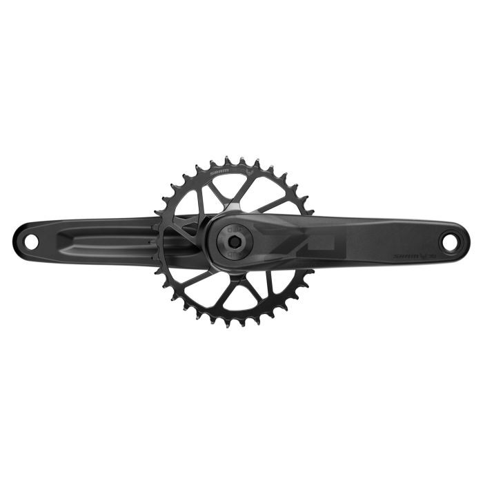 SRAM Eagle 70 Transmission Crankset in matte black, featuring a 175mm arm length and a single chainring with a distinctive tooth profile for enhanced performance.