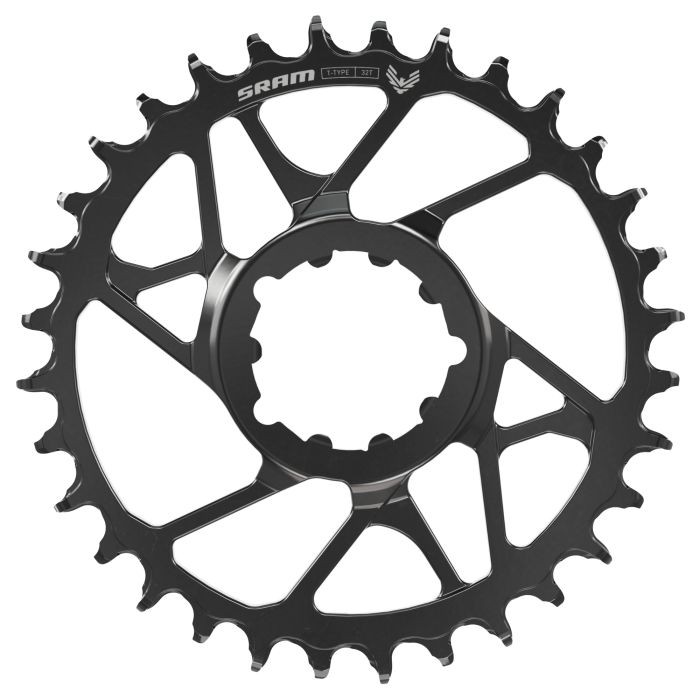 Black steel SRAM Eagle 70 Direct Mount chainring with 34 teeth, featuring a sleek design and distinctive cutouts for weight reduction and performance enhancement.