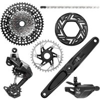 SRAM Eagle 90 DUB Groupset for EMTB, includes black crankset, derailleur, cassette, chainring, and shifter.