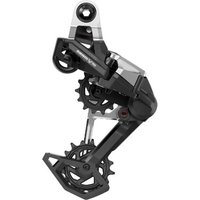 Black and silver SRAM Eagle 90 T-Type 12-speed rear derailleur with large pulley wheels and sleek design.