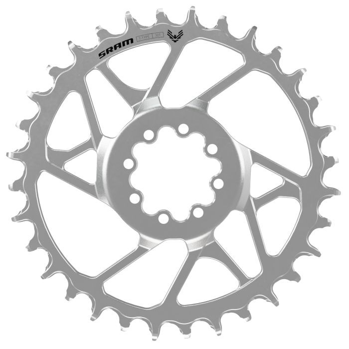 Silver SRAM Eagle 90 Direct Mount steel chainring with 30 teeth, featuring a unique cut-out design and marked with the SRAM logo for enhanced performance and durability.