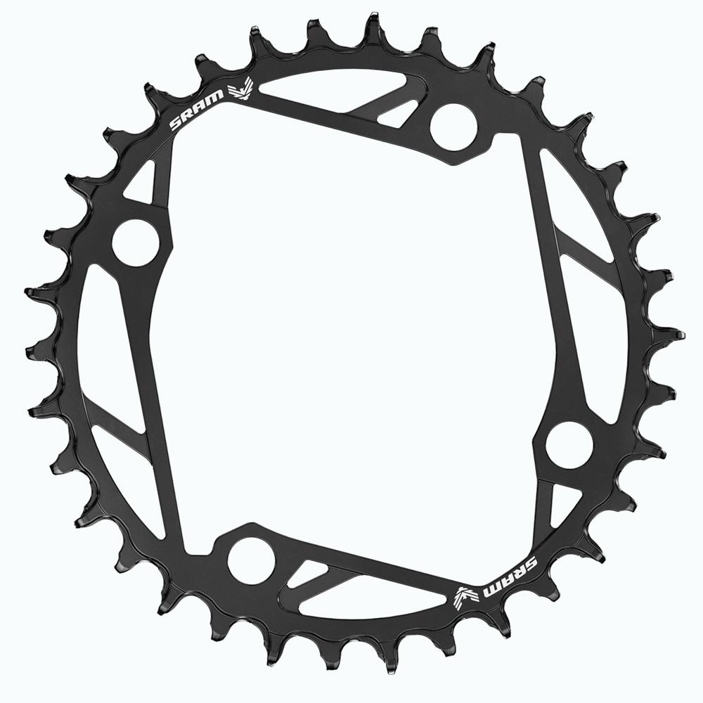 Black SRAM Eagle Transmission E-MTB chainring with 104 BCD, featuring a sleek design and multiple cutouts for weight reduction and enhanced performance.