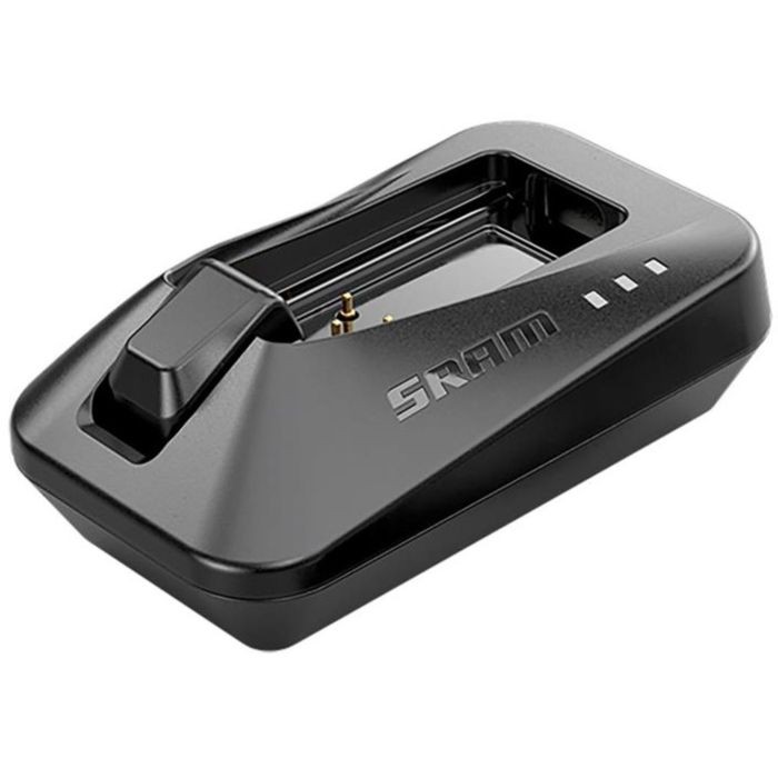 Black SRAM ETAP/AXS battery charger with a sleek design, featuring a prominent SRAM logo, a charging port, and three LED indicator lights on the side.