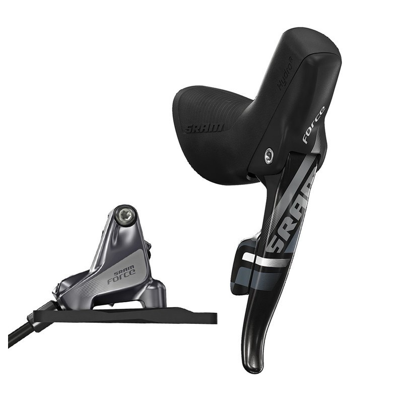 SRAM Force 22 shift lever in black with a sleek ergonomic design, paired with a silver hydraulic disc brake caliper, featuring a flat mount for easy installation.