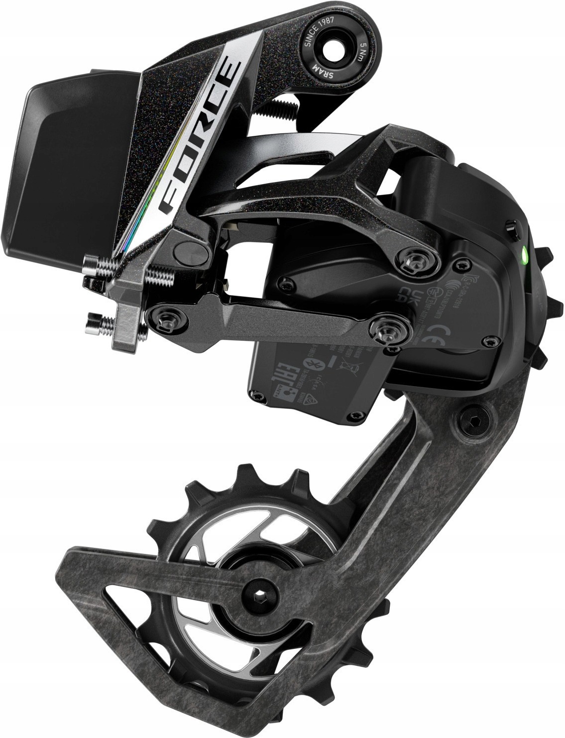SRAM Force AXS Rear Derailleur features a sleek black and carbon fiber design, with a prominent green indicator light and precision-engineered pulleys for smooth shifting.