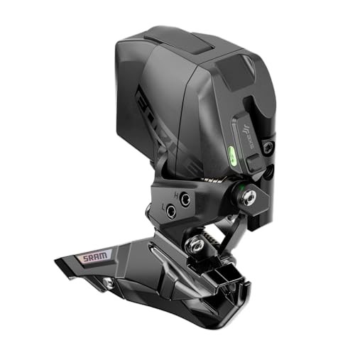 SRAM Force AXS Front Derailleur in sleek black, featuring a compact design, integrated electronics, and a prominent SRAM logo, ideal for high-performance cycling.