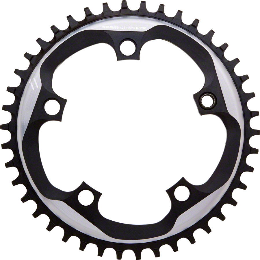 Black aluminum SRAM Force CX1 X-Sync 110 BCD chainring with 46 teeth, featuring a distinctive tooth profile for improved chain engagement and durability.