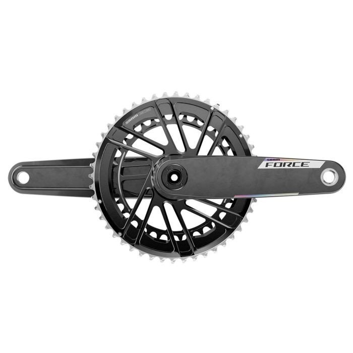 Black SRAM Force 2x crankset featuring a sleek design, carbon fiber construction, and dual chainrings with a distinctive geometric pattern for enhanced performance.