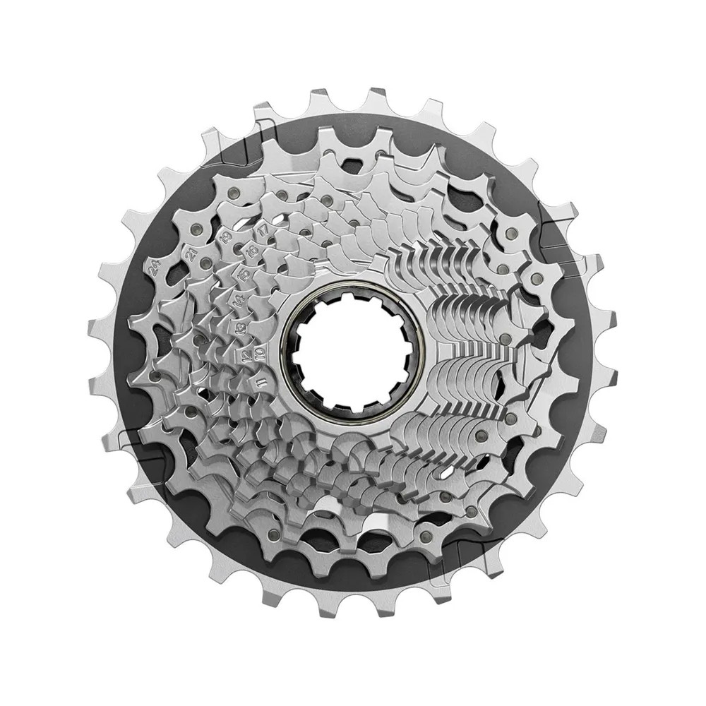 Silver SRAM Force AXS 1270 cassette featuring a 10-36t gear range, with a sleek, metallic finish and multiple teeth for smooth shifting.