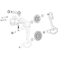 "SRAM Force XPLR AXS rear derailleur cage assembly kit with gears, bolts, and washers in detailed line drawing"