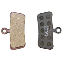 SRAM Guide brake pads with organic compound on steel backing, featuring a curved shape and circular attachment loop.