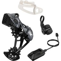 "Black SRAM GX Eagle AXS Upgrade Kit with derailleur, shifter, battery, and charger, featuring sleek modern design"