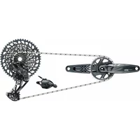 SRAM GX Eagle Dub Boost Groupset Lunar, black crankset, derailleur, shifter, and cassette with silver chain.