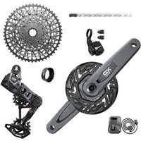 "Black SRAM GX Eagle T-Type E-MTB groupset with crankset, derailleur, cassette, chain, and electronic shifter"