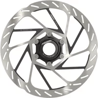 Silver SRAM HS2 6 Bolt Disc Rotor with rounded edges and black center, includes steel bolts.