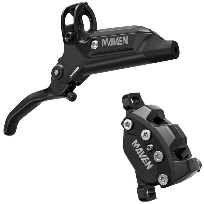 Black SRAM Maven brakes featuring a sleek design with a lever and caliper, made from durable materials, showcasing the "MAVEN" logo prominently.