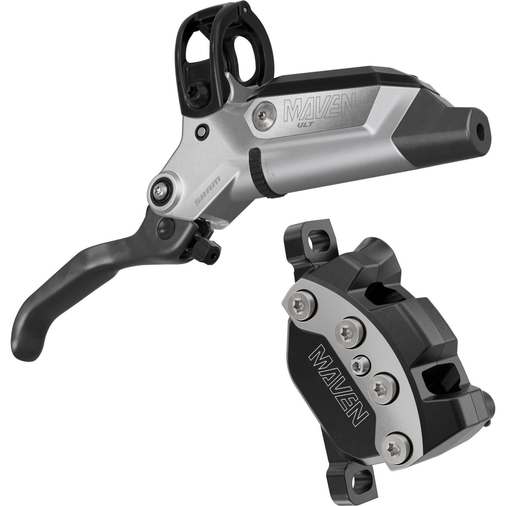 Sram disc brake set featuring a sleek silver and black lever with ergonomic design and a robust caliper, both labeled "MAVEN," showcasing high-quality aluminum construction.