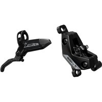 Silver SRAM Motive rear disc brake with black lever and caliper, featuring sleek design and mounting holes.