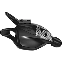 Black SRAM NX Eagle 12-speed shifter with Matchmaker clamp, featuring a sleek design and bold white graphics.
