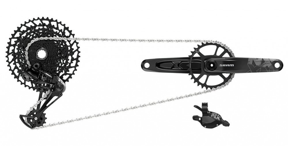 SRAM NX Eagle Groupset featuring a black aluminum crankset with 170mm arms, 32t chainring, black derailleur, and shifter, all connected by a silver chain.