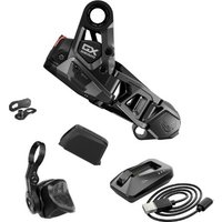 Black SRAM GX electronic derailleur kit with charger, battery, and mounting hardware for Eagle 90 and 70 conversion.