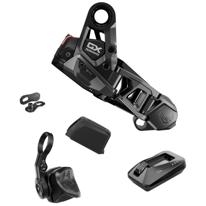Black SRAM GX rear derailleur upgrade kit featuring a sleek design, with a battery and charger included, showcasing durable materials and advanced gear shifting technology.
