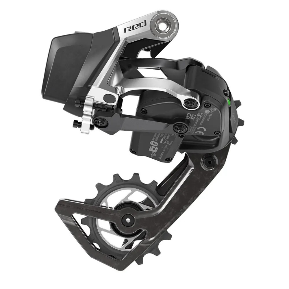 SRAM Red E1 AXS Rear Derailleur features a sleek black and silver design, with a carbon fiber lower cage and a prominent green indicator for battery status.