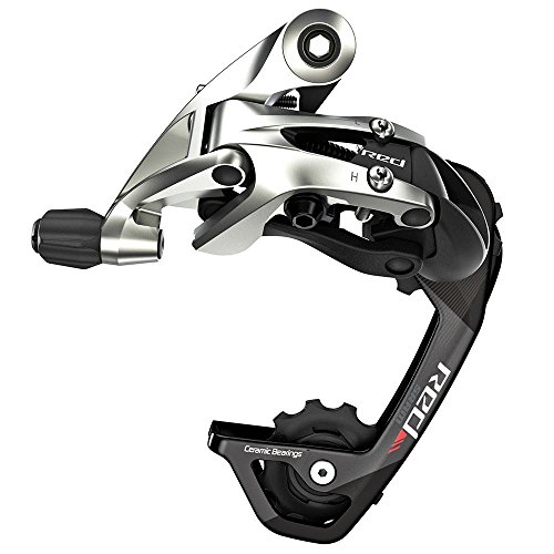 SRAM Red Rear Derailleur features a sleek silver and black design with a short cage, carbon fiber elements, and ceramic bearings for smooth shifting performance.